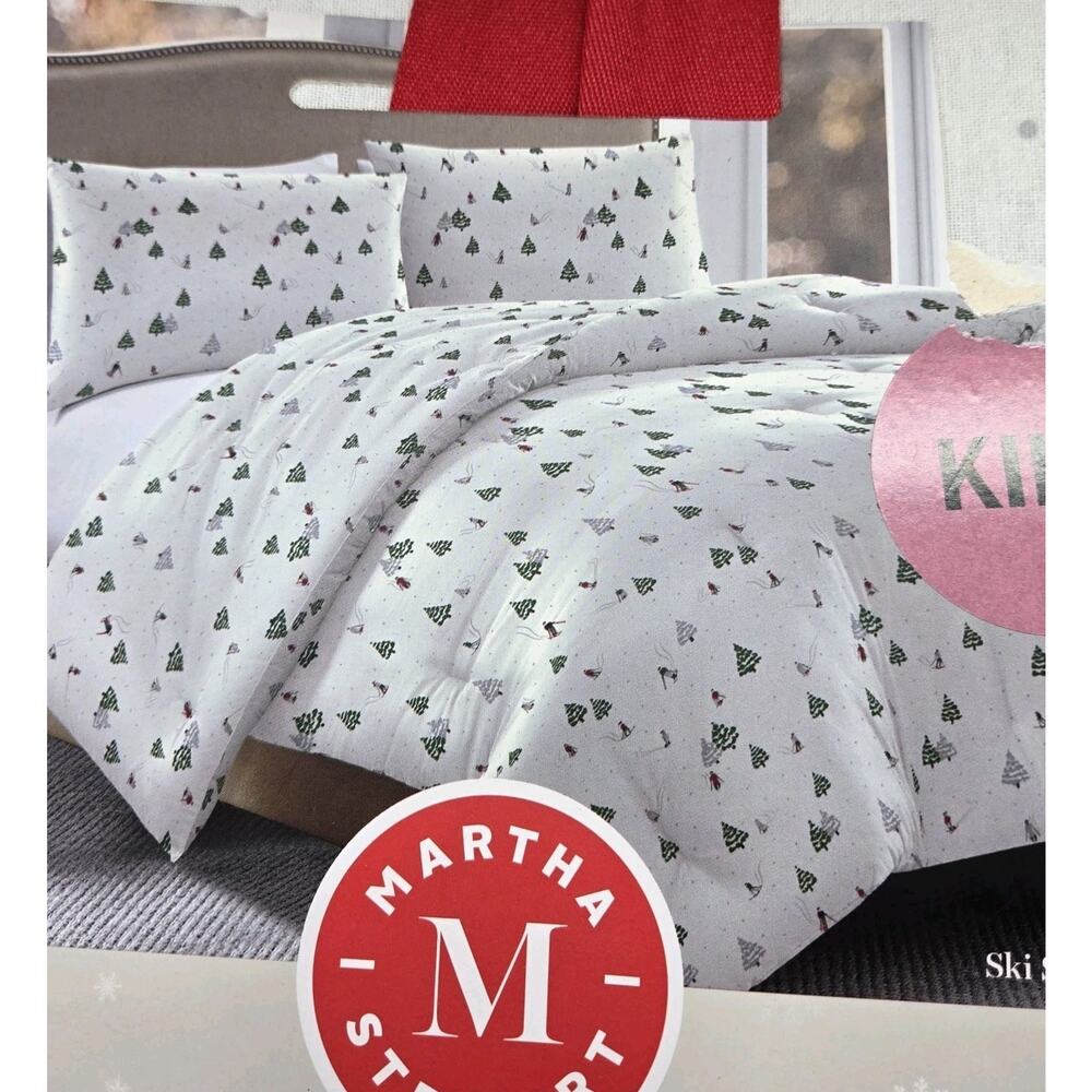 MARTHA STEWART Holiday Christmas Tree Skier Red Green 3 piece King Quilt Set NEW